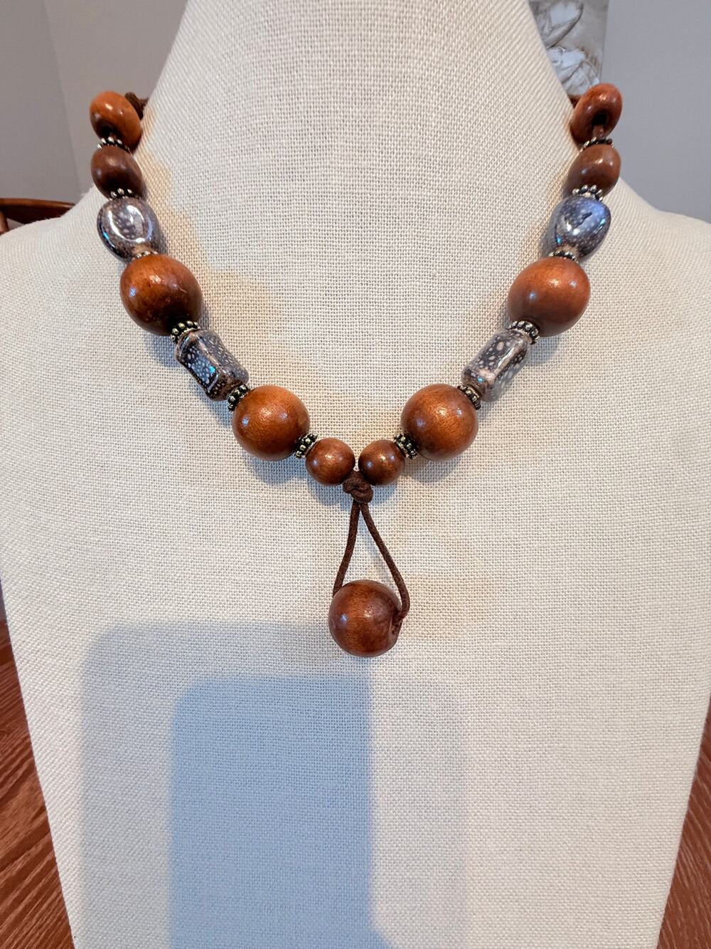 16” Ceramic & Wood Bead Cord Necklace